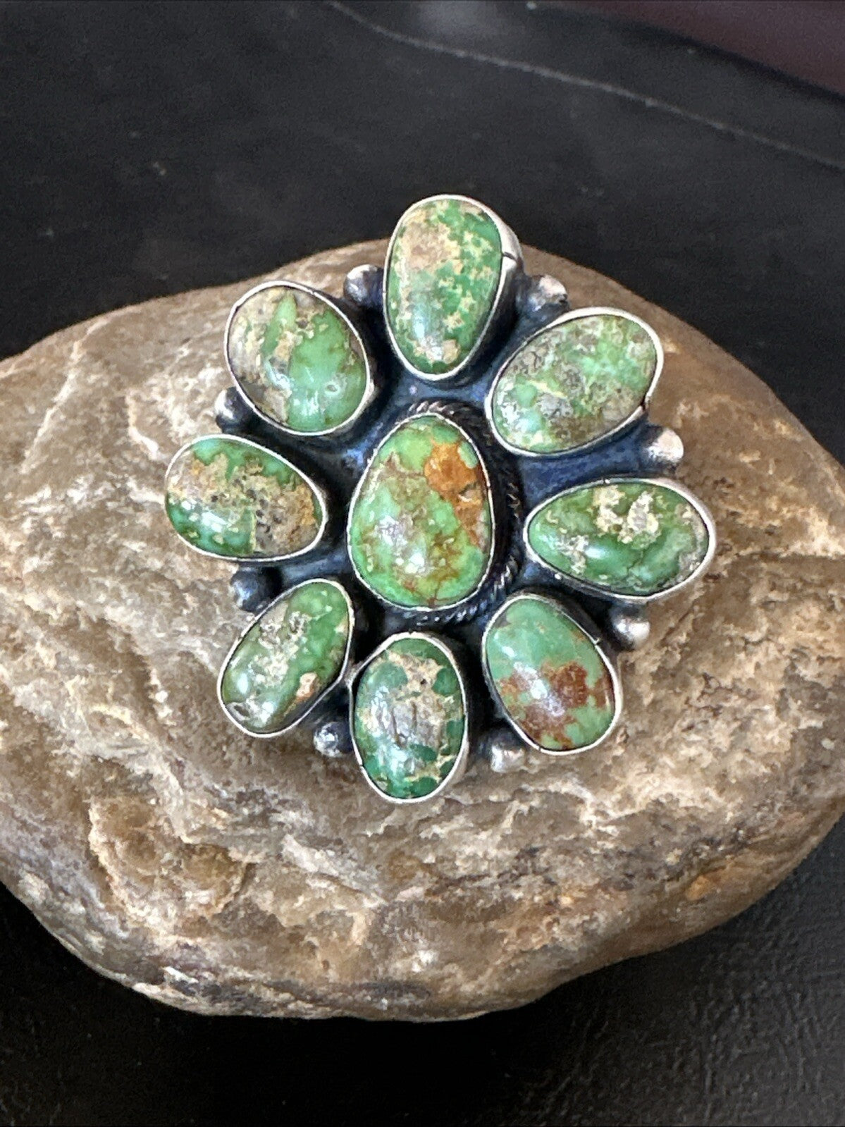 Navajo Sterling Silver Cluster Green Sonoran Gold Turquoise Ring Sz 8 18603