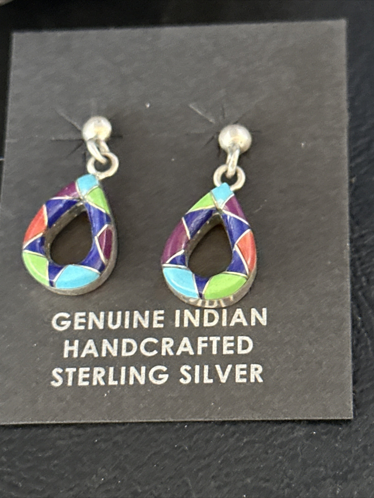 Turquoise Spiny Oyster & Opal Navajo Sterling Silver Inlay Earrings 1” 14411