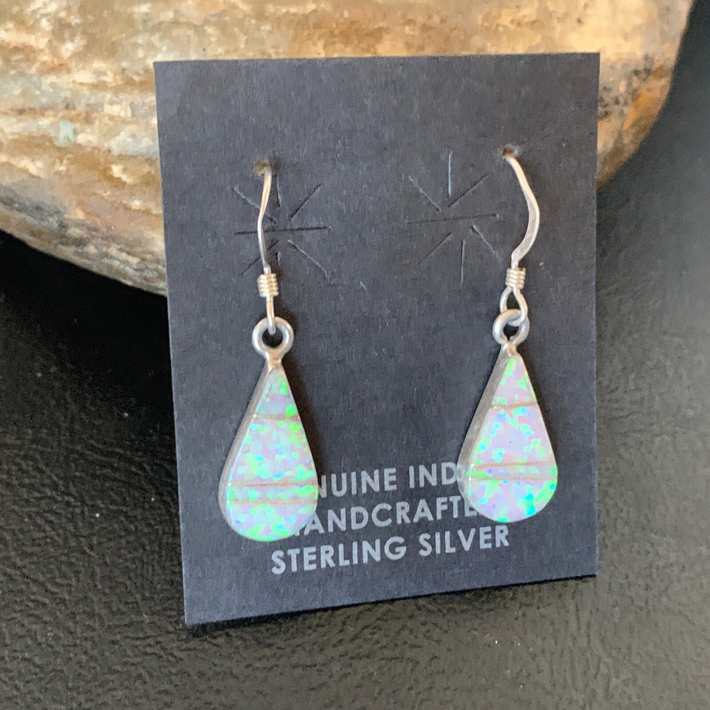 Womens White Opal Inlay Navajo Sterling Silver Dangle Post Earrings 0.5" 12770
