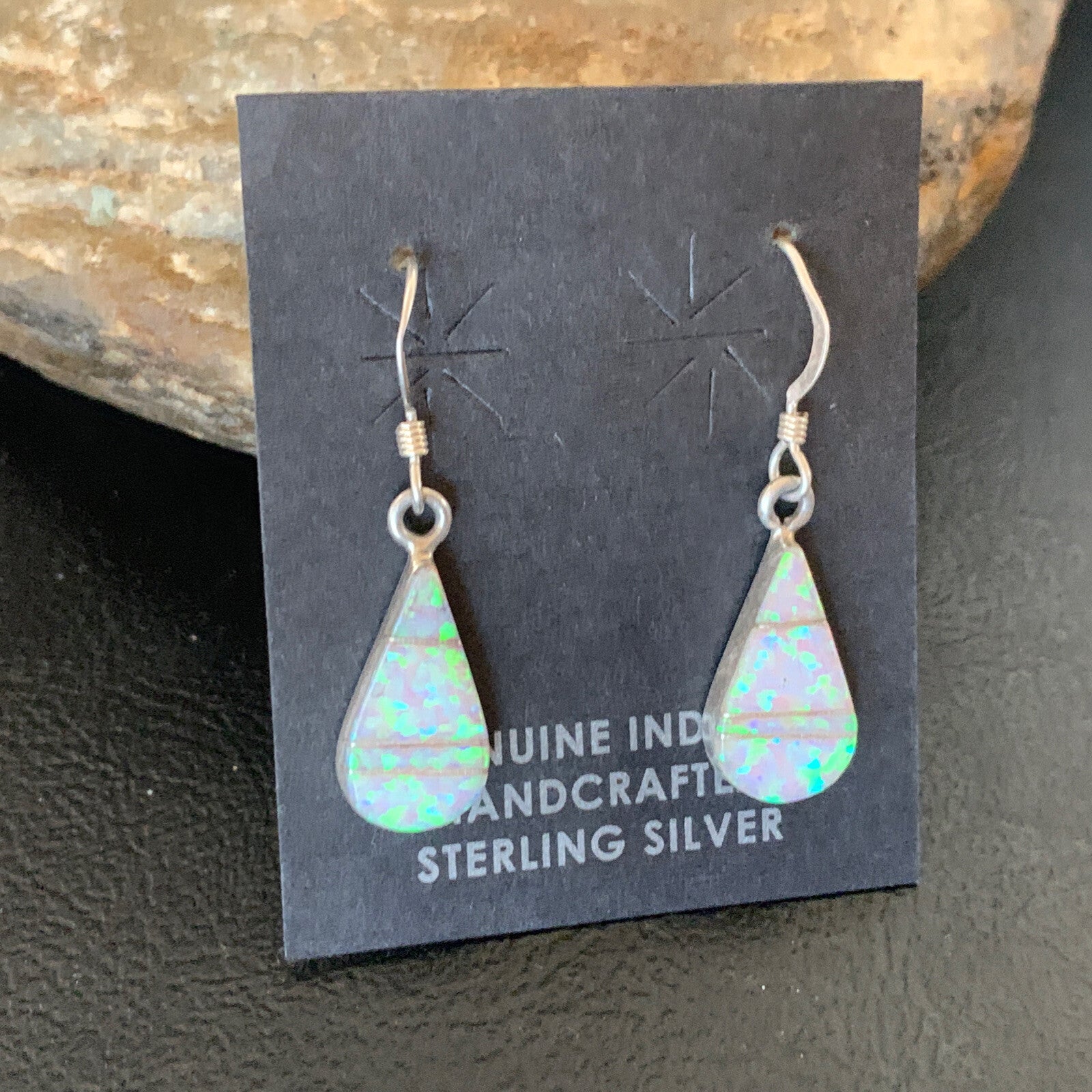 Womens White Opal Inlay Navajo Sterling Silver Dangle Post Earrings 0.5" 12770