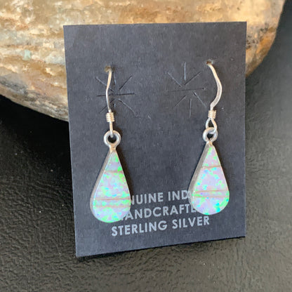 Womens White Opal Inlay Navajo Sterling Silver Dangle Post Earrings 0.5" 12770