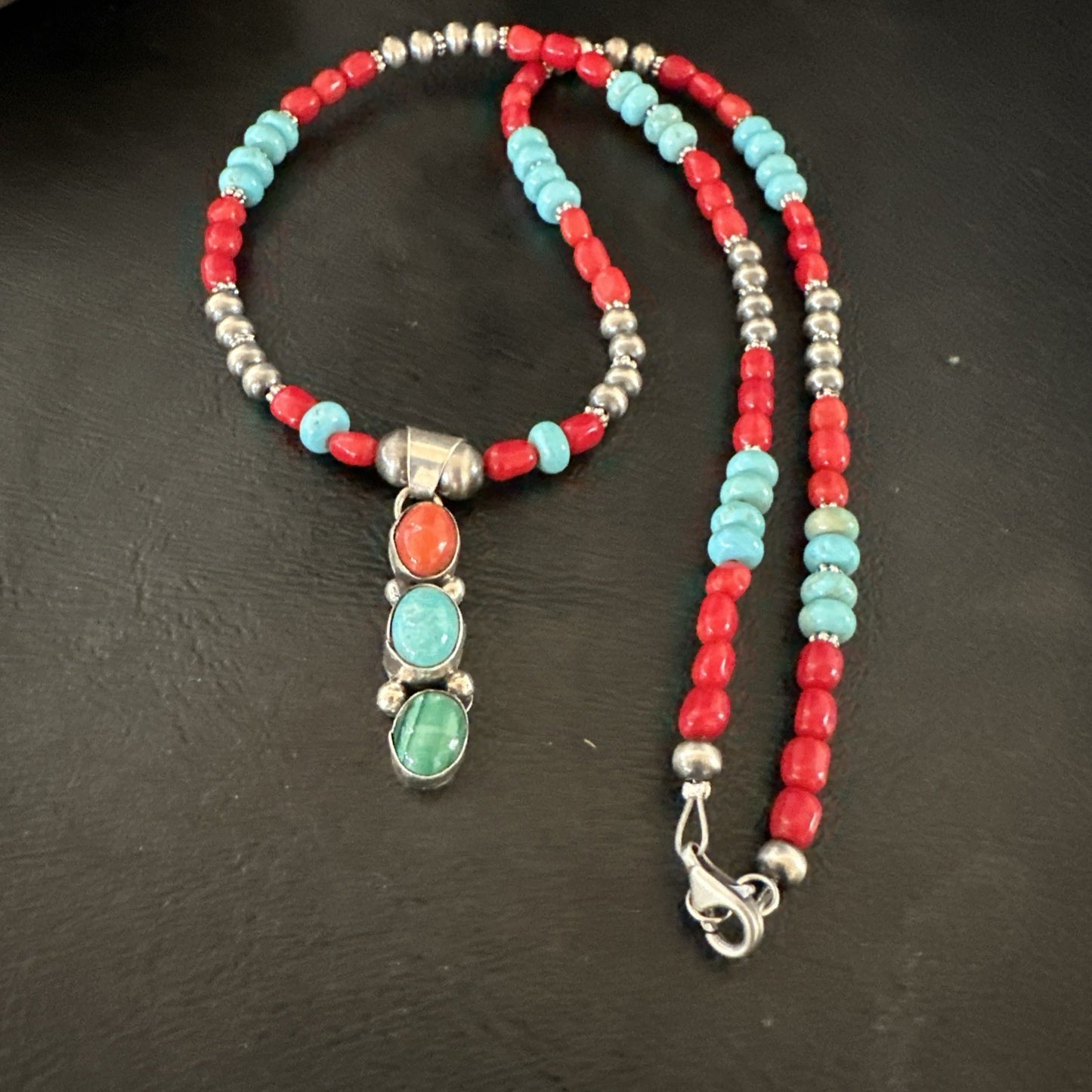Multicolor Turquoise Coral Navajo Sterling Silver Cluster Pendant Necklace 19654