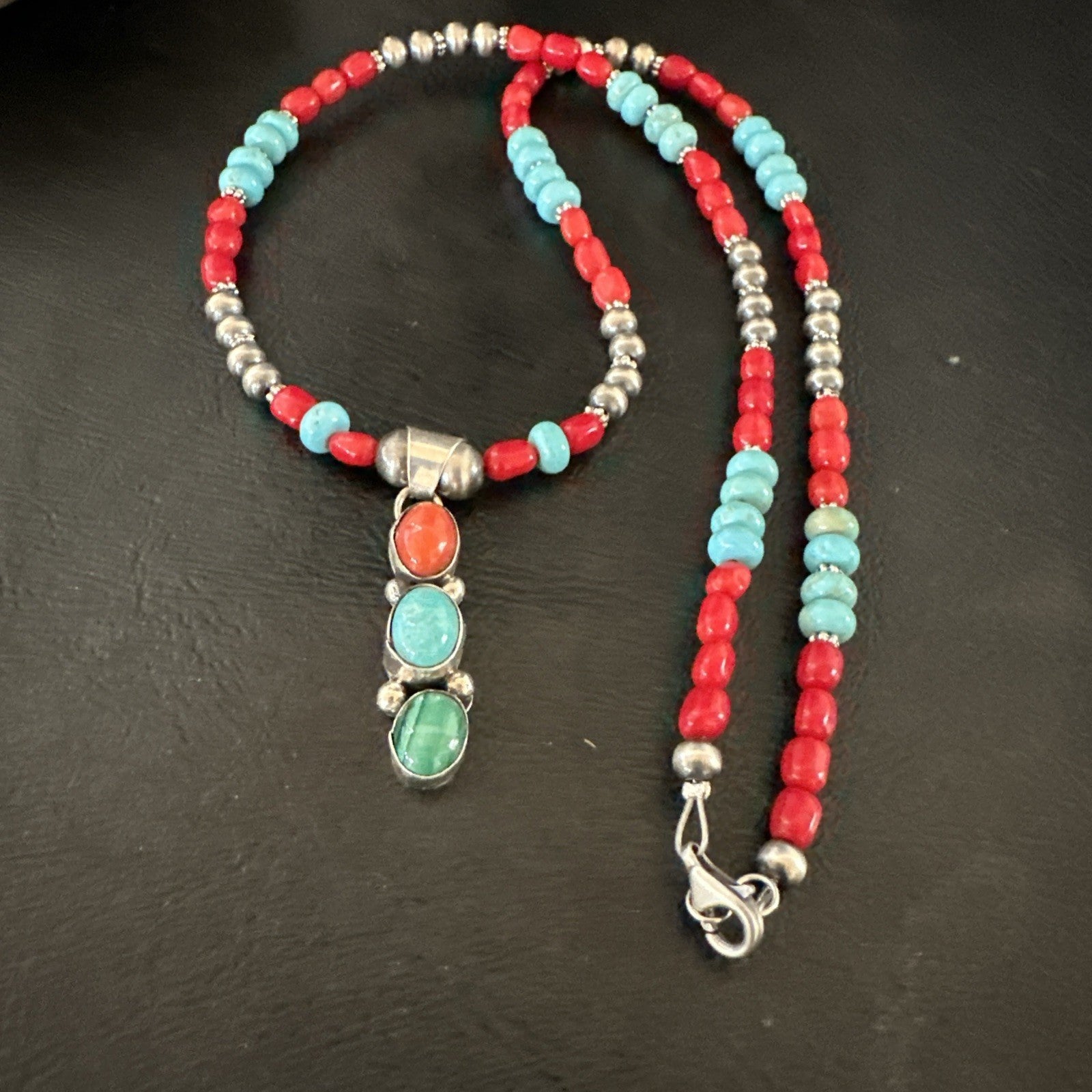 Multicolor Turquoise Coral Navajo Sterling Silver Cluster Pendant Necklace 19654