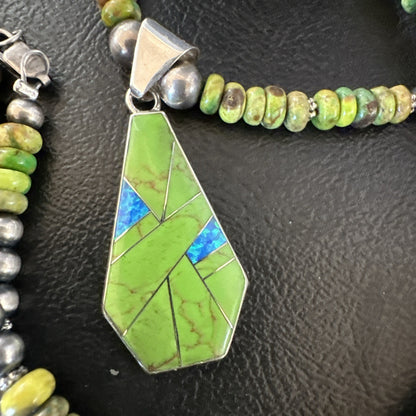 Womens Green Gaspeite Turquoise Pendant Navajo Sterling Silver Necklace 19546