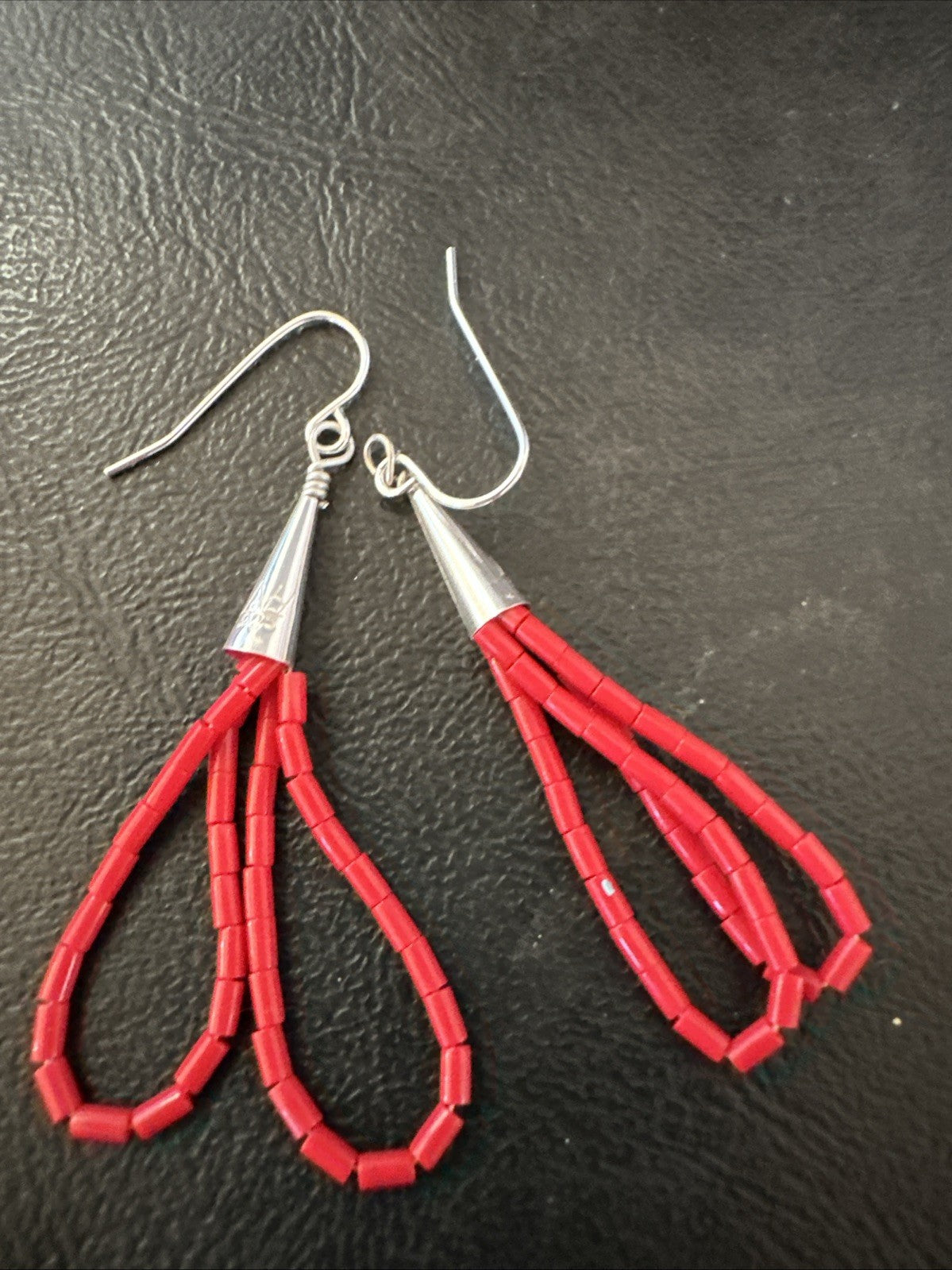 Native Red Coral Heishi Tube Liquid Sterling Silver Dangle Earrings 2" 4399
