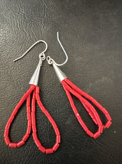 Native Red Coral Heishi Tube Liquid Sterling Silver Dangle Earrings 2" 4399