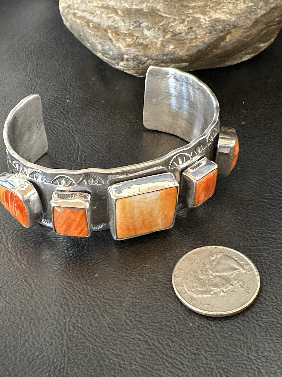 Orange Spiny Oyster 5 Stone Row Sterling Silver Navajo Cuff Bracelet 7.7" 19477