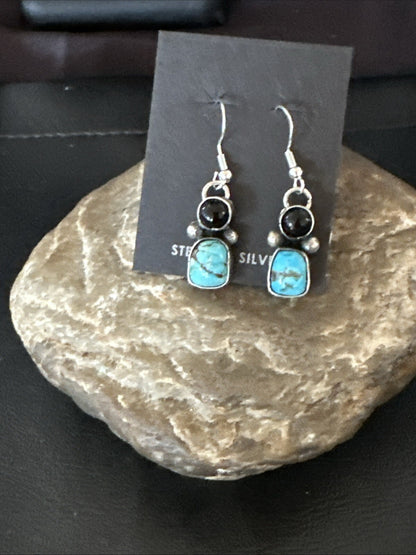 Handmade Kingman Turquoise Onyx Navajo Sterling Silver Dangle Earrings 18847