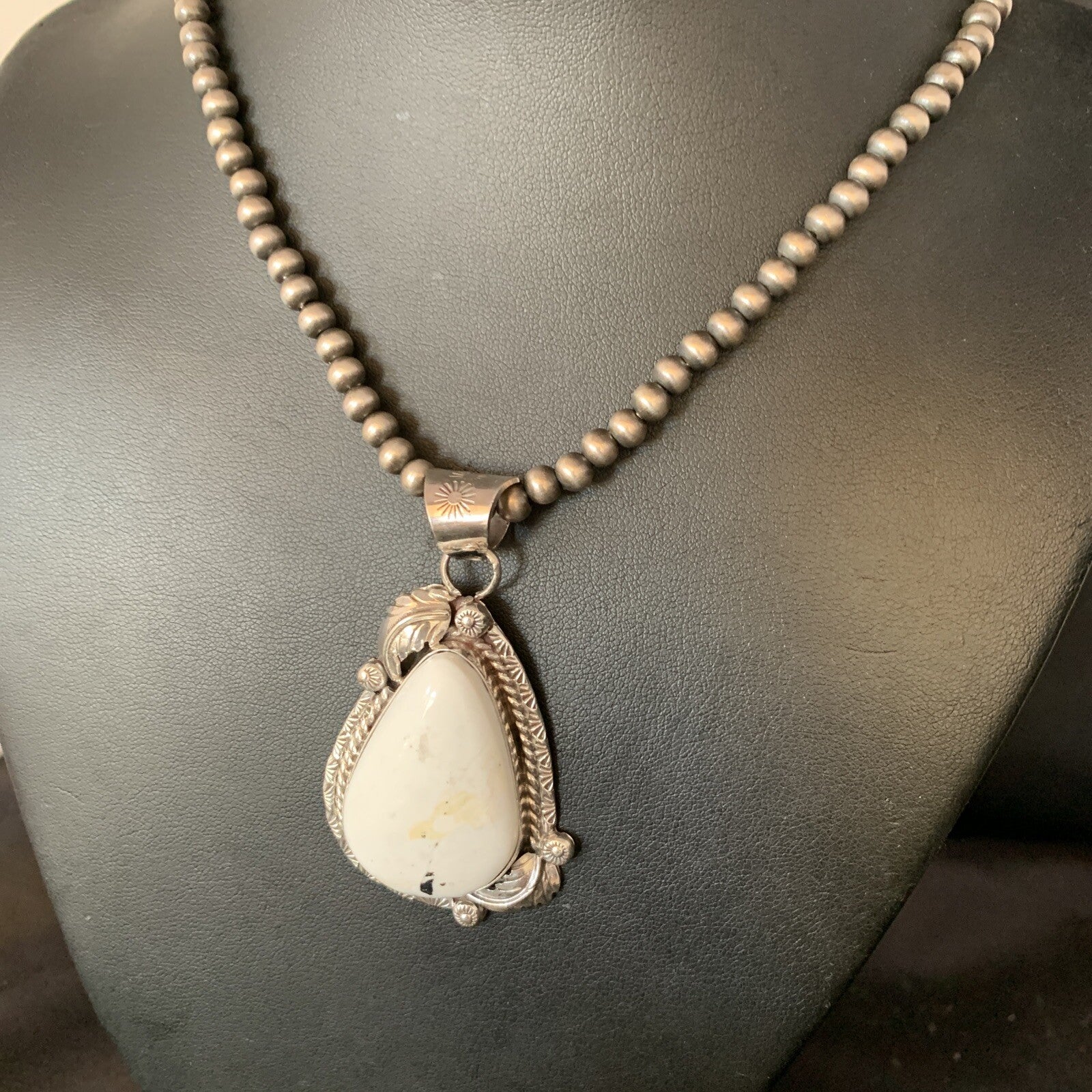 Mens White Buffalo Turquoise Pendant Sterling Silver Beads Necklace 19306