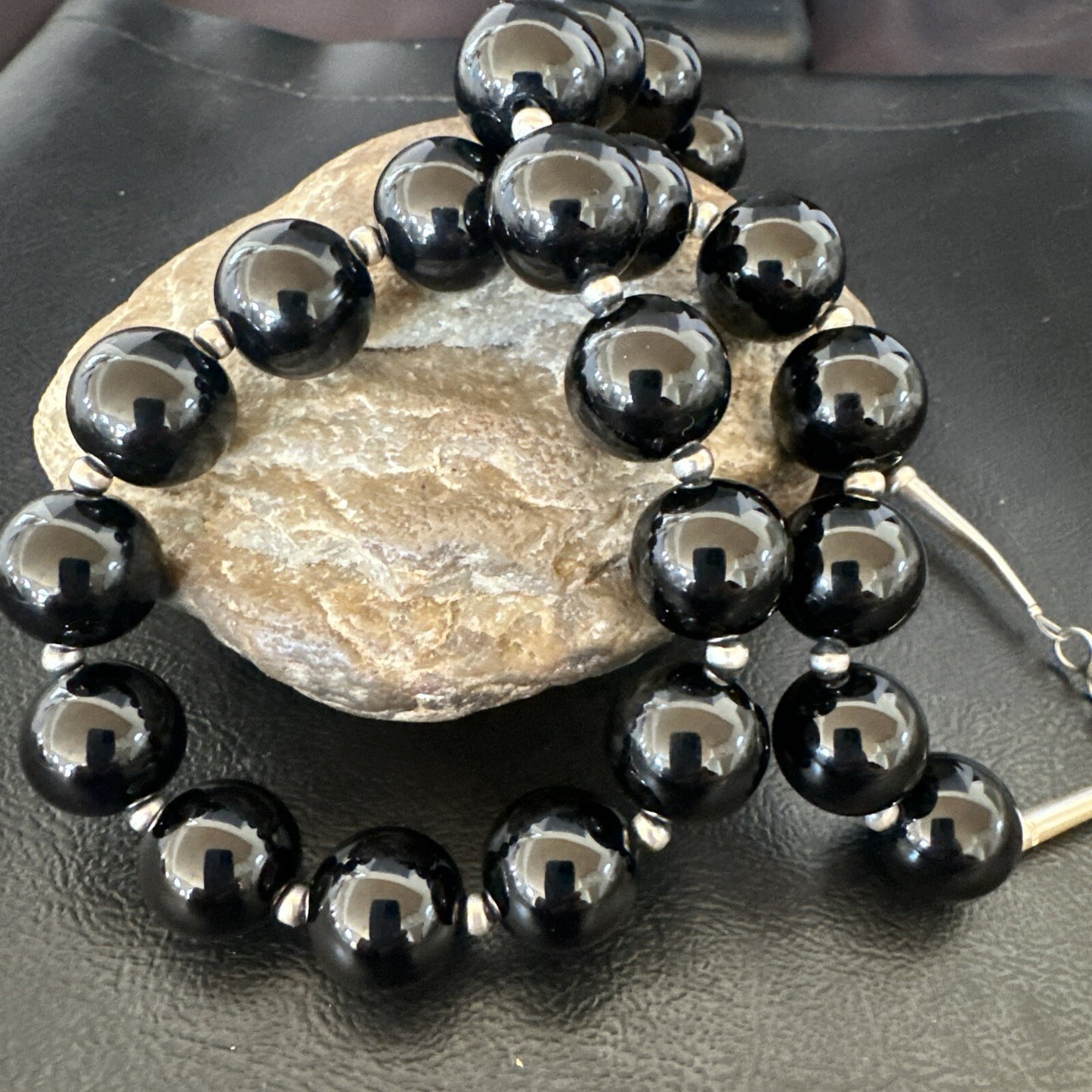 Black Onyx 16mm Large Bead Navajo Sterling Silver Necklace 20” 18787