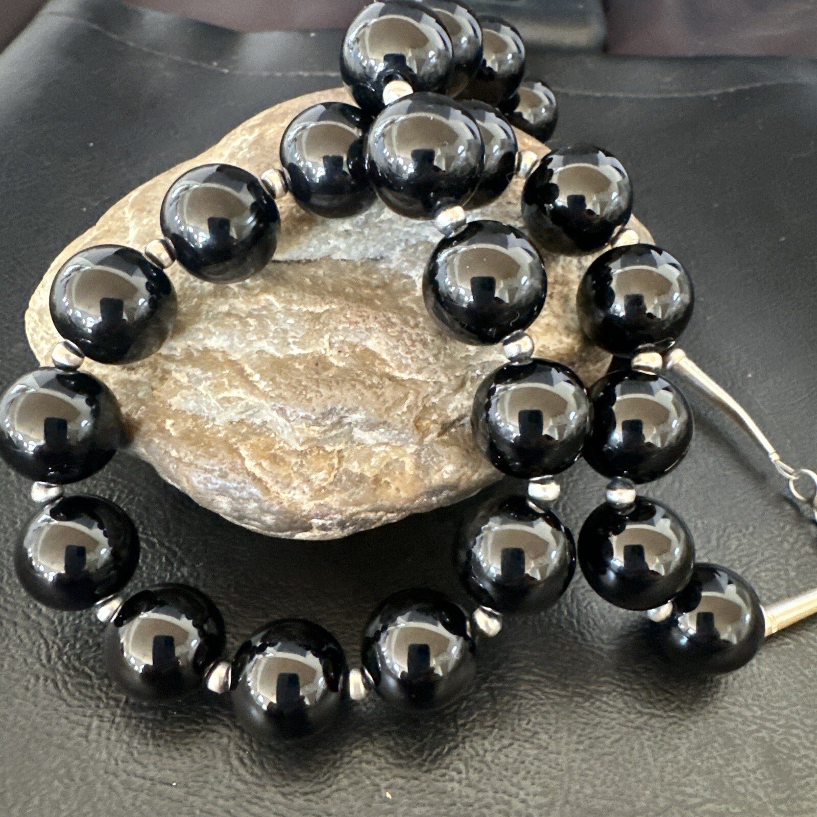 Black Onyx 16mm Large Bead Navajo Sterling Silver Necklace 20” 18787