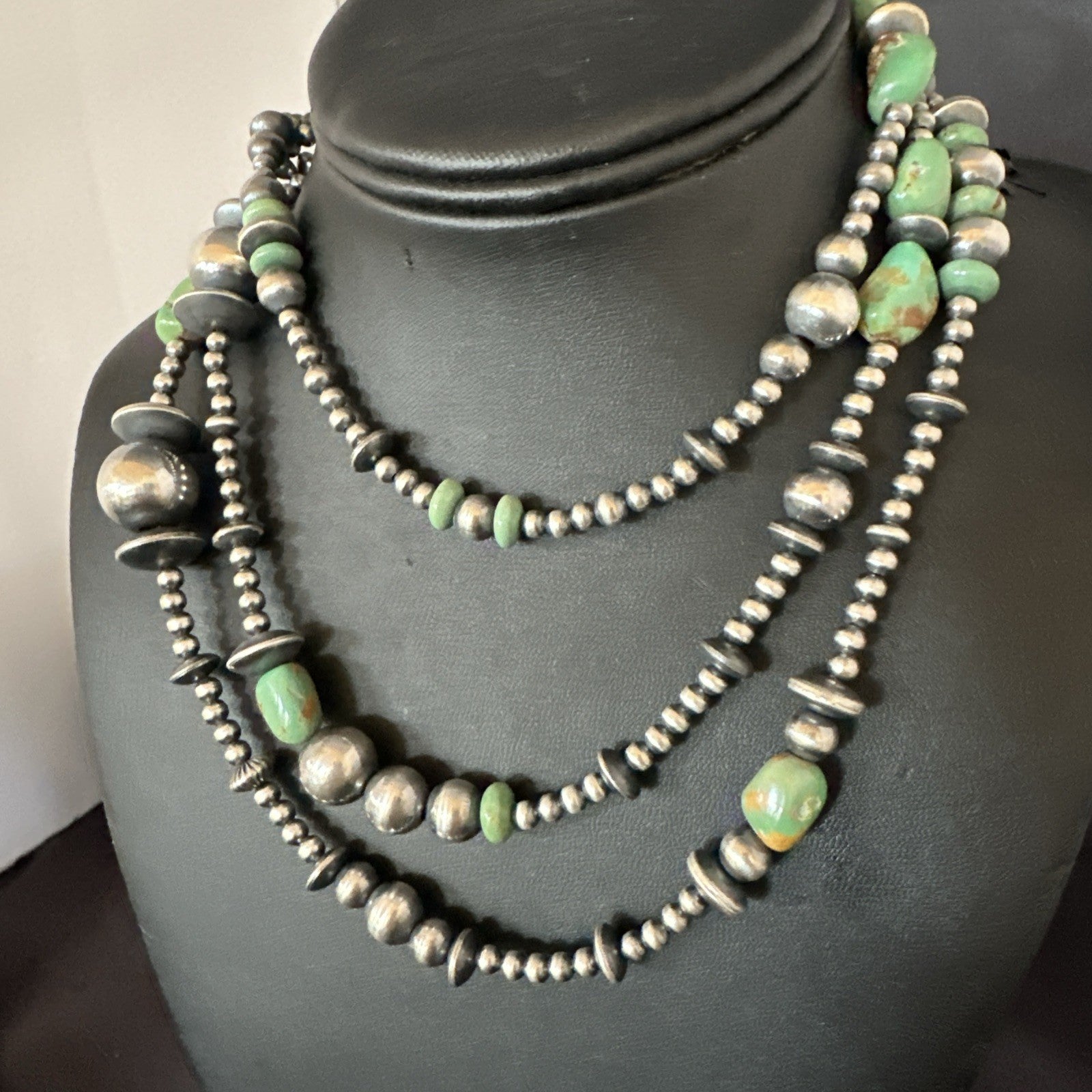 Native Navajo Sterling Silver Beads Green Royston Turquoise 48in Necklace 19116
