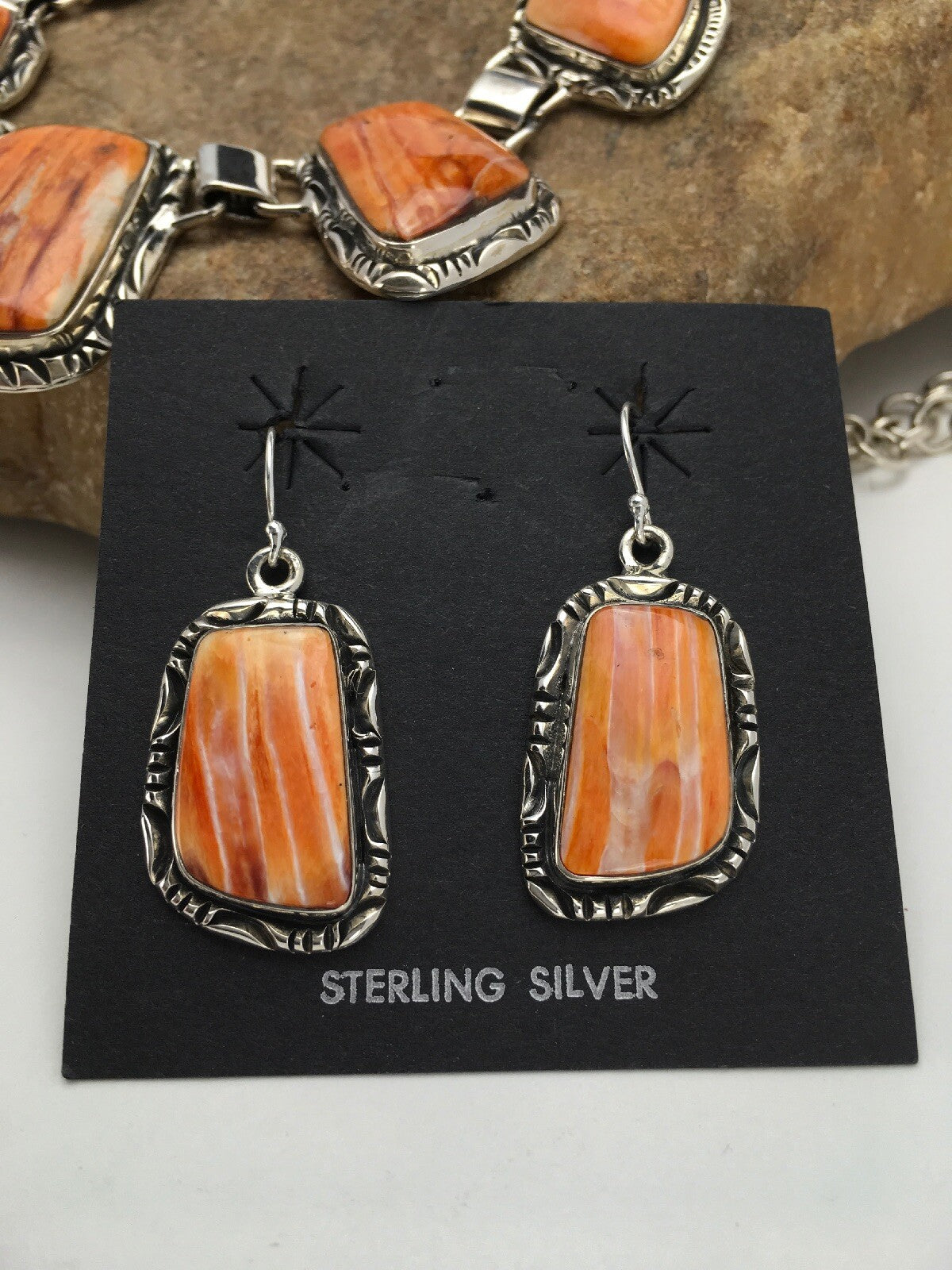 Orange Spiny Oyster Navajo Sterling Silver Necklace & Earring Set 02691