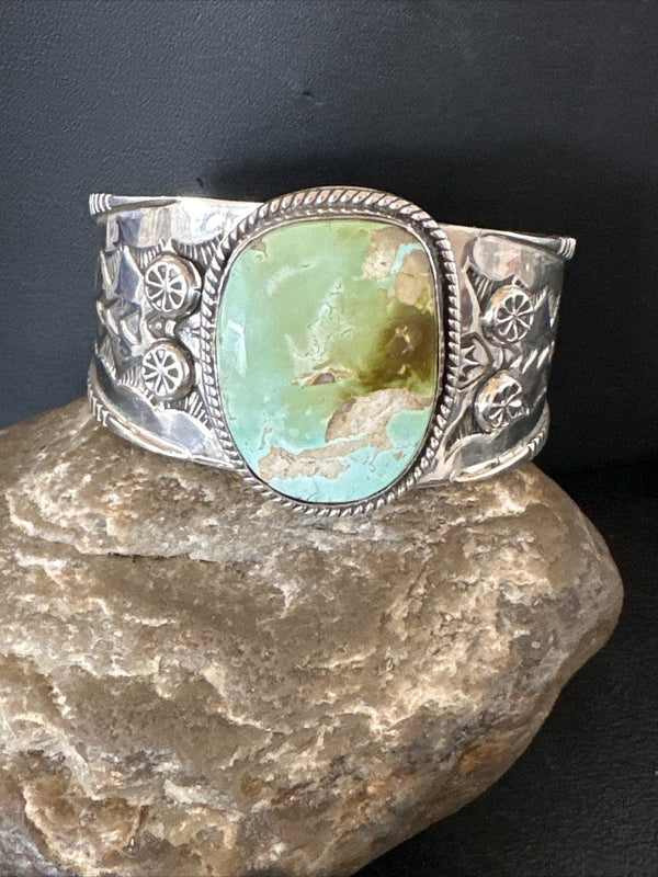 Navajo Women Green Royston Turquoise Stamped Cuff Bracelet | Sterling Silver | Authentic Native American Handmade | 17865