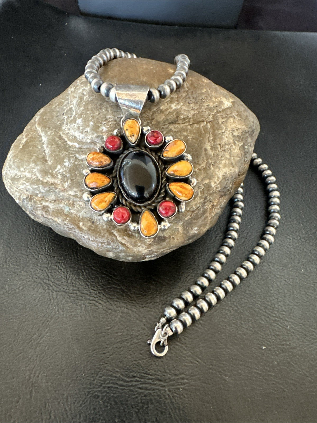 Onyx Coral Orange Spiny Navajo Sterling Silver Cluster Pendant Necklace 19566