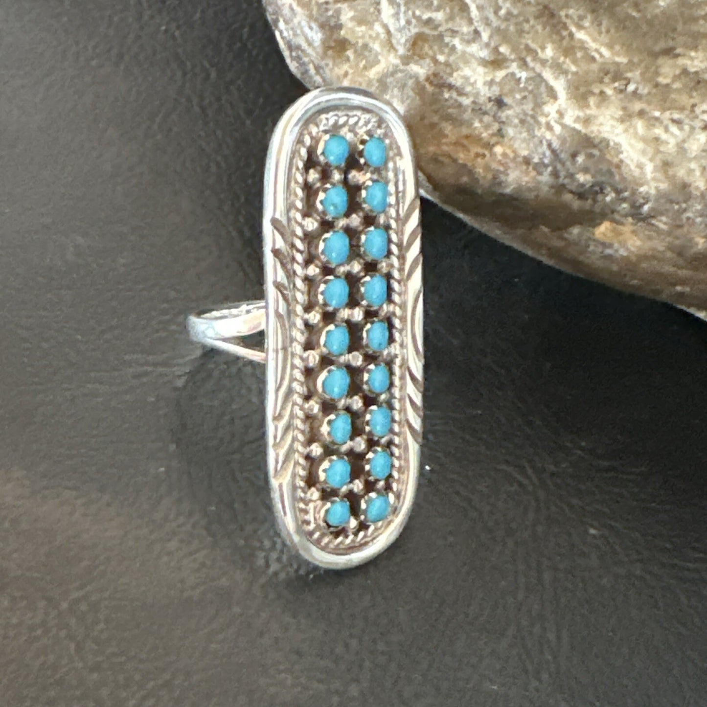 Blue Turquoise Zuni Sterling Silver Petite Point Cluster Ring Size 8 18793