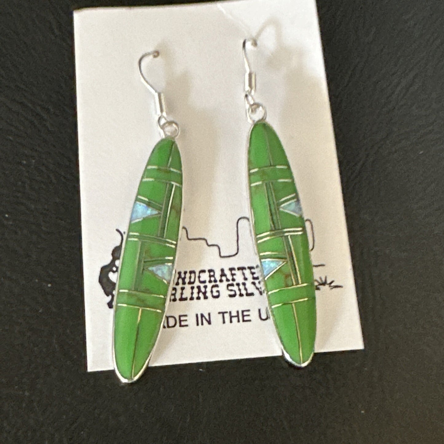 Green Gaspiete Southwestern Sterling Silver Inlay Earrings 1.5” 14933