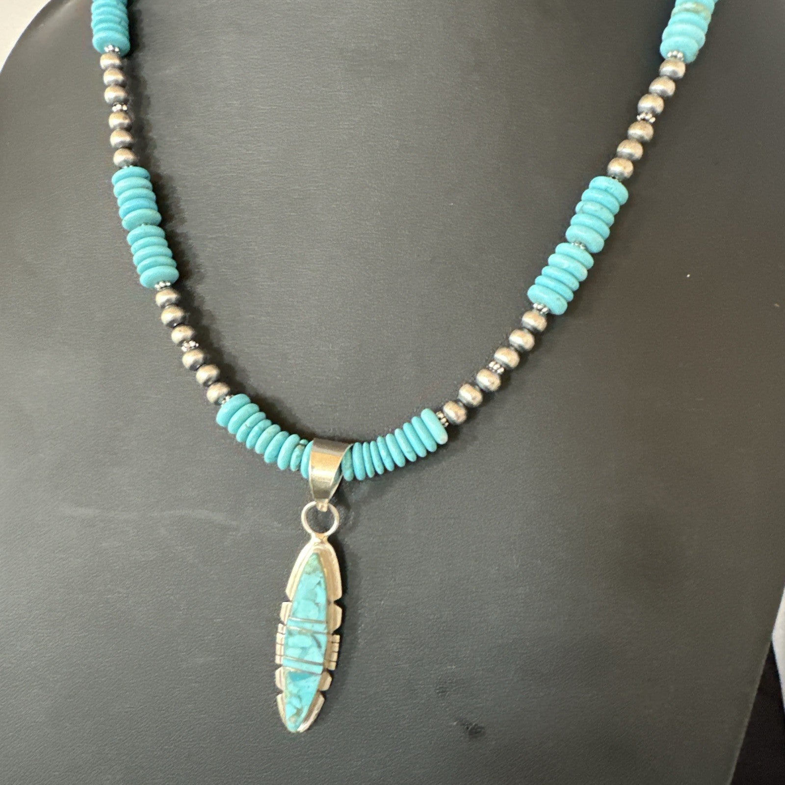 Blue Turquoise Inlay Pendant Navajo Necklace 20