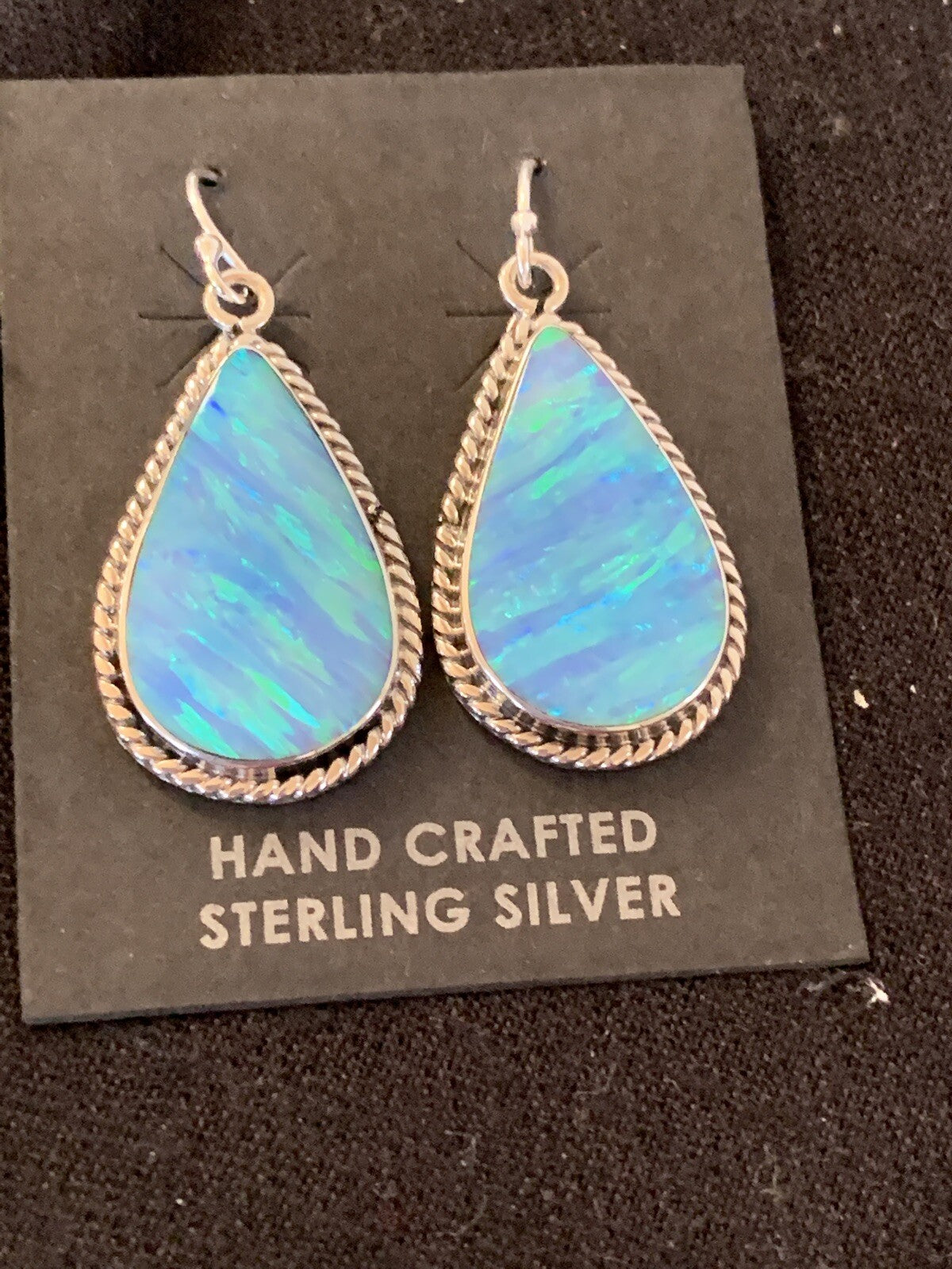 Native American Womens Navajo Sterling Silver Blue Opal Earrings 00471