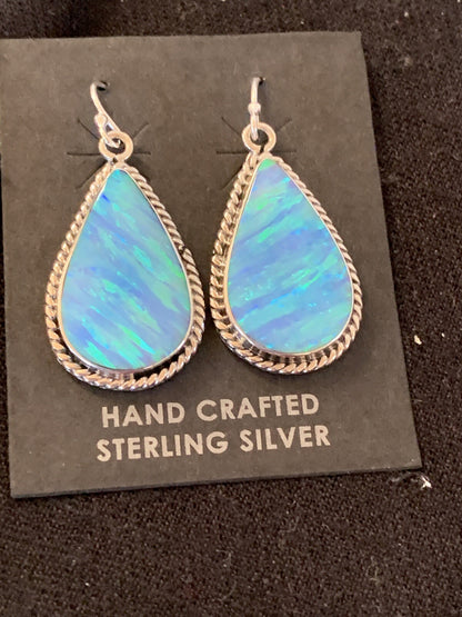Native American Womens Navajo Sterling Silver Blue Opal Earrings 00471