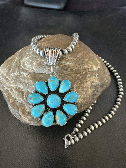 Blue Turquoise Navajo Sterling Silver Cluster Round Pendant Necklace 2”19303