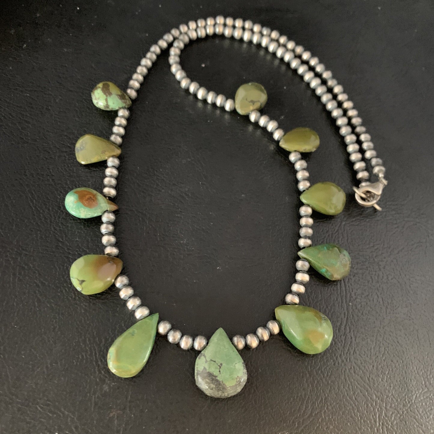 Teardrop Sterling Silver Beads Green Turquoise Necklace 20" 13508