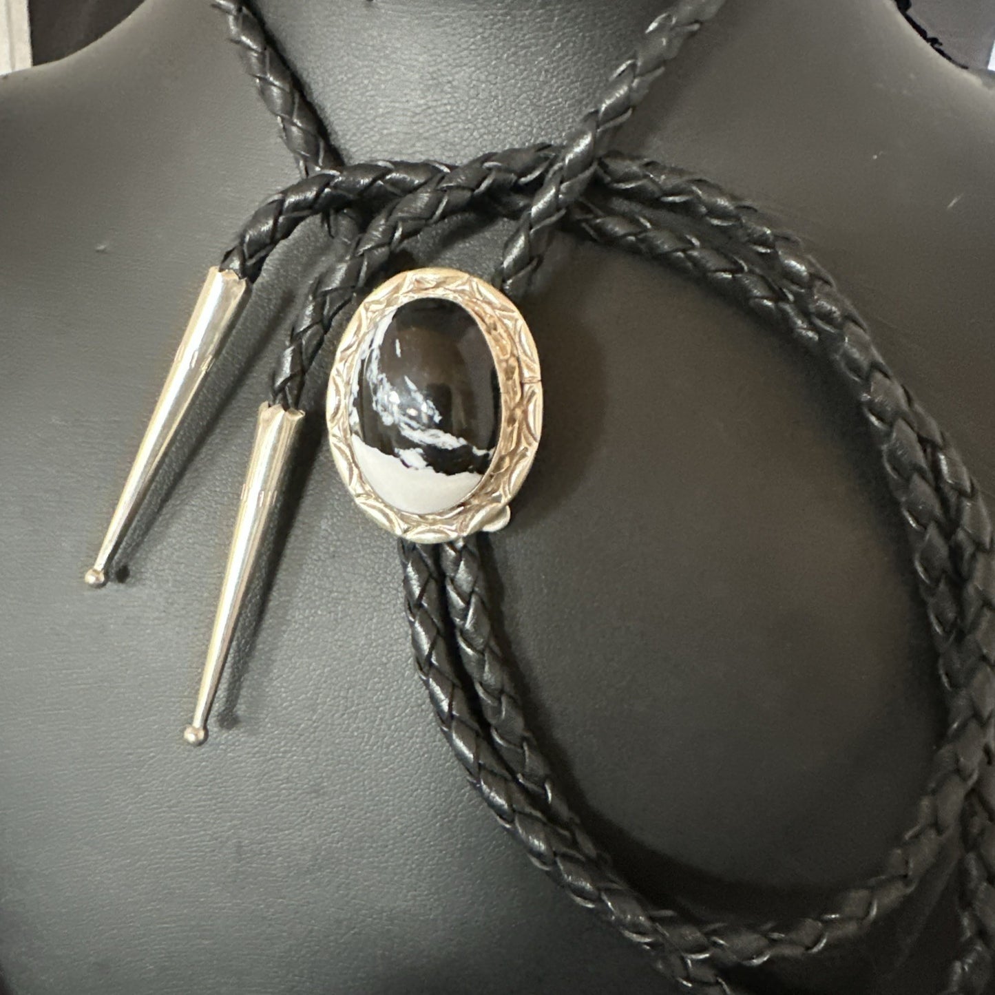 Mens BOLO TIE WHITE BUFFALO TURQUOISE Sterling Silver Navajo 1" 19123