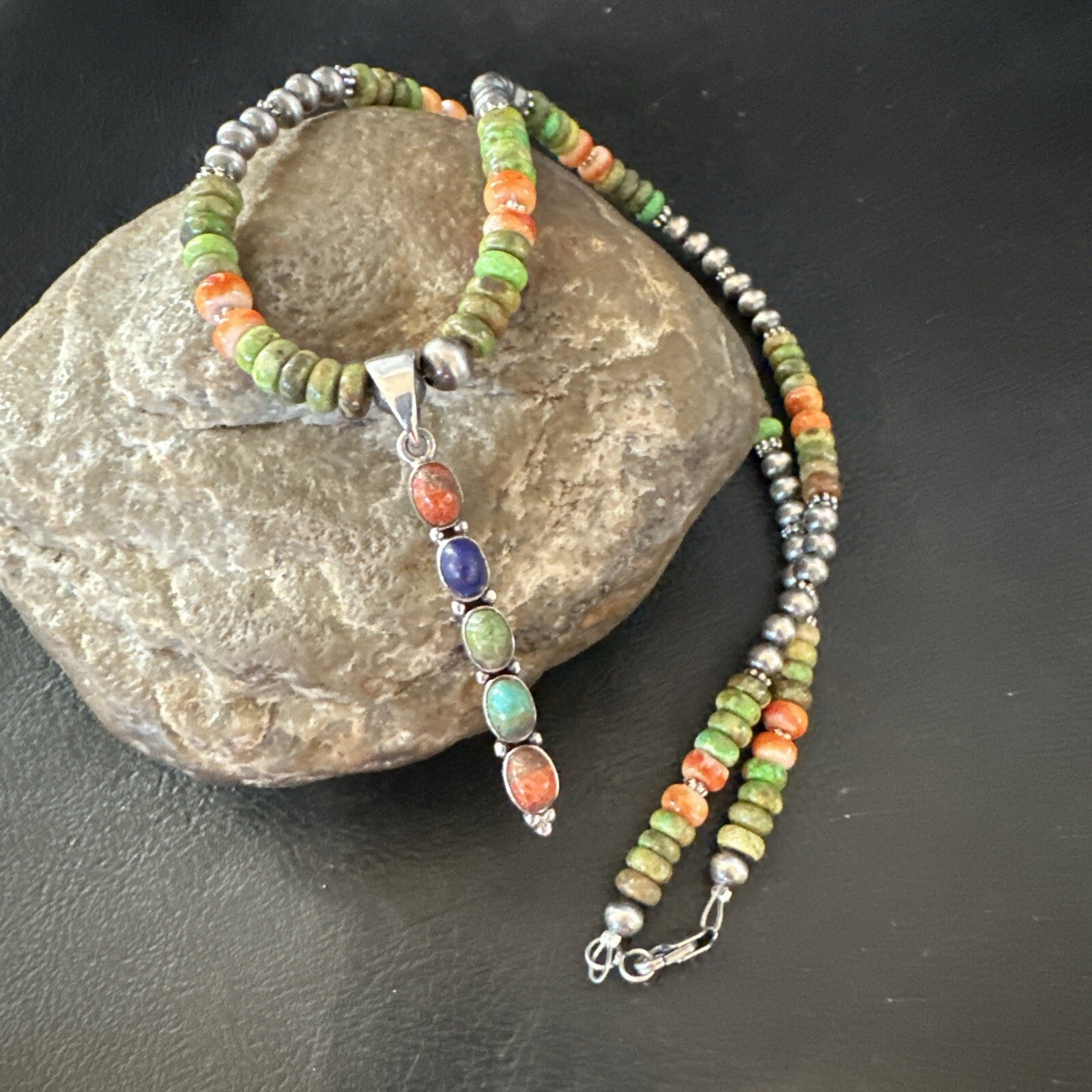 Feather Multicolor Turquoise Pendant Navajo Sterling Silver Necklace 18733