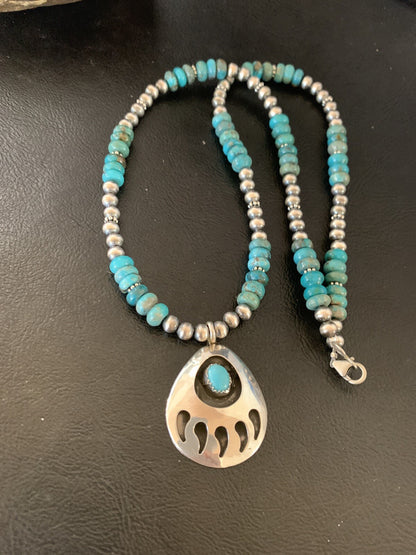 Bear Paw Navajo Sterling Silver Blue Kingman Turquoise Necklace Pendant 11693