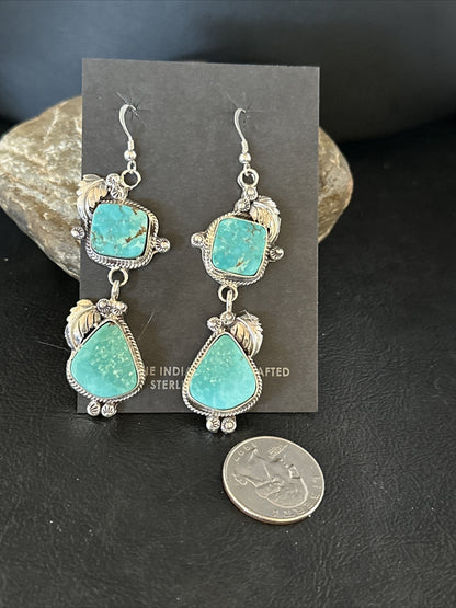 Blue Kingman Turquoise Navajo Sterling Silver Dangle Earrings 15525