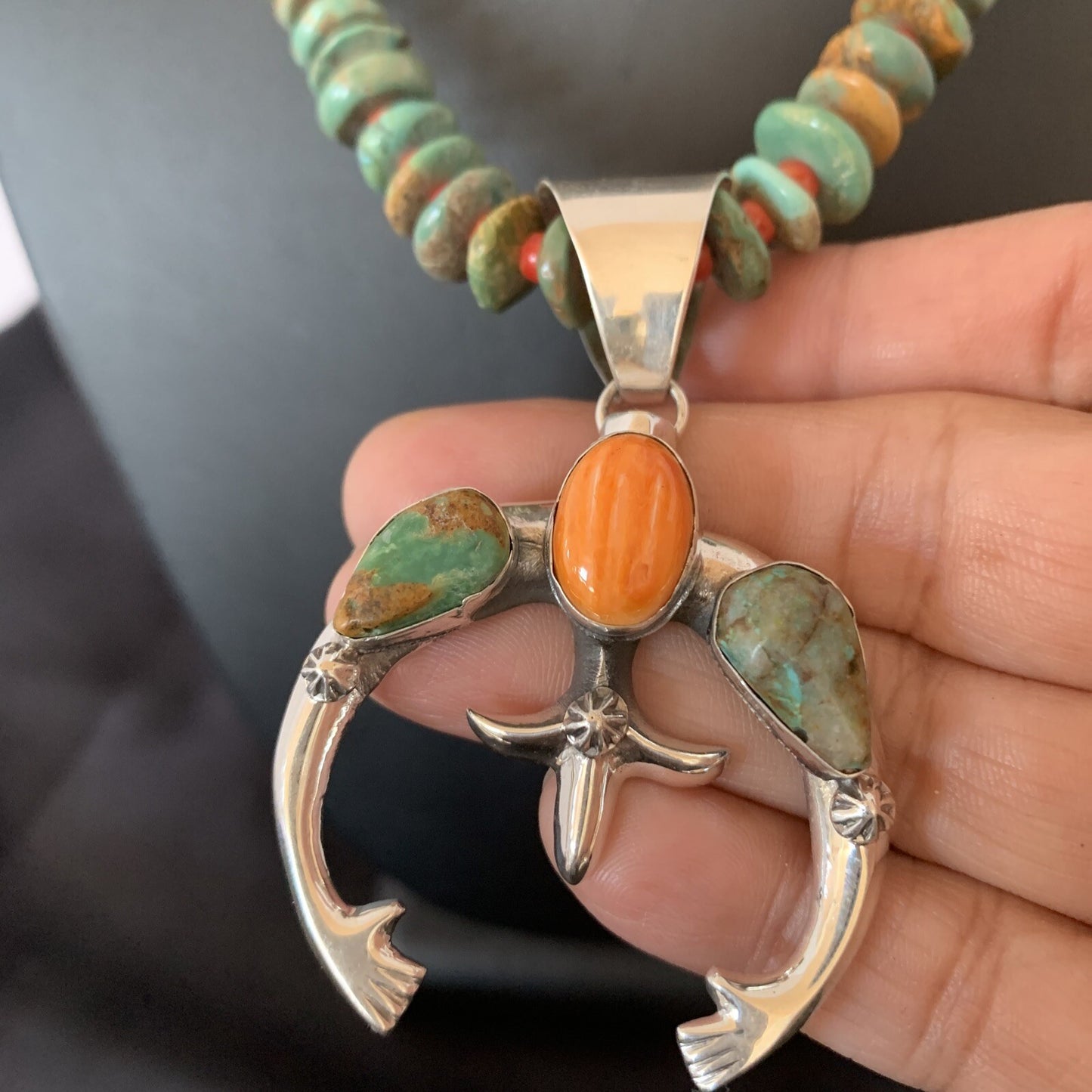 Blue Turquoise Spiny Oyster Naja Pendant Navajo Sterling Silver Necklace 10255