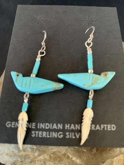 Native American Navajo Blue Turquoise Fetish Sterling Silver Earrings 1.5" 13055