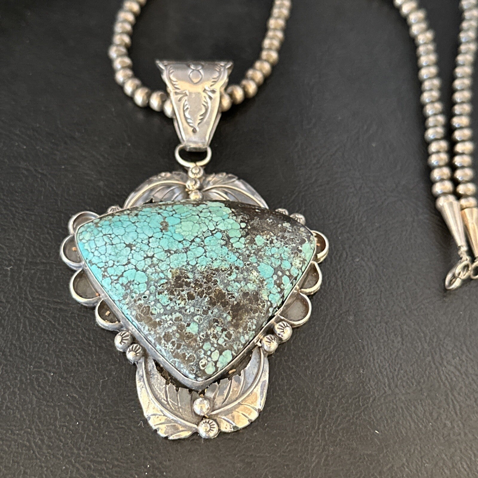 Blue Spiderweb Turquoise Pendant Navajo Pearls Sterling Silver Necklace 14807