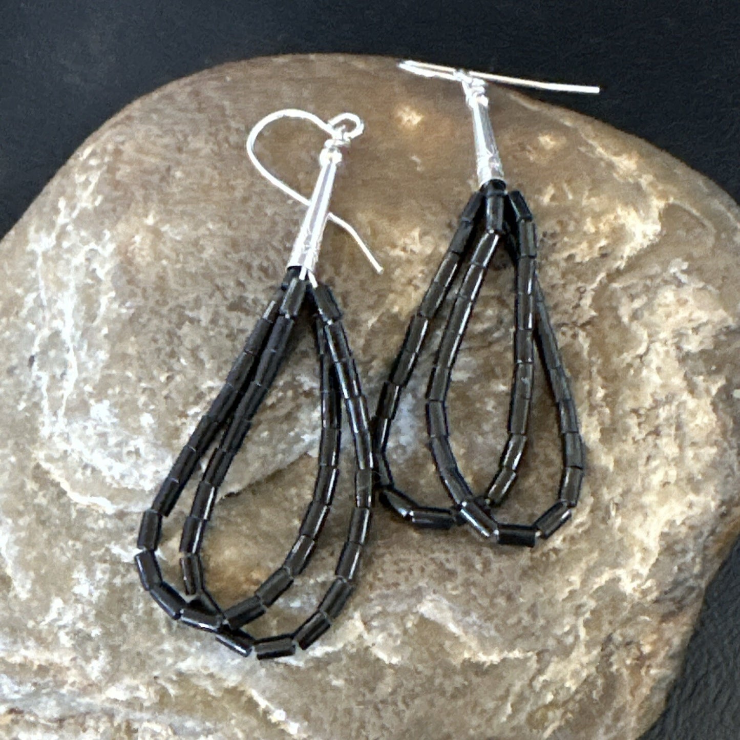 Black Onyx Heishi 2S Bead Southwestern Sterling Silver Earrings 2" 18177