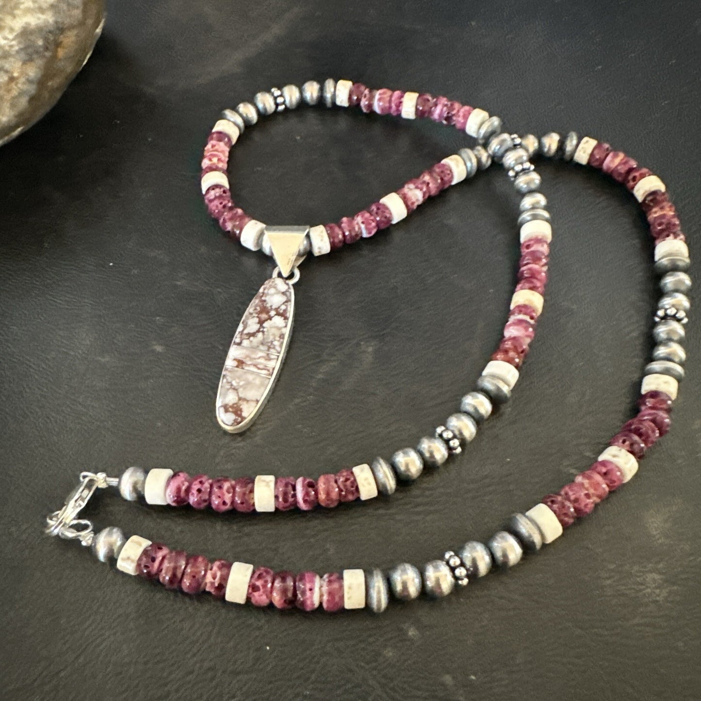 Purple Spiny Oyster Wild Horse Pendant Navajo Sterling Silver Necklace 17796