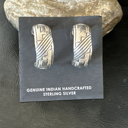 Old Pawn Womens Stamped Design All Sterling Silver Hoop Stud Earrings 1" 19093