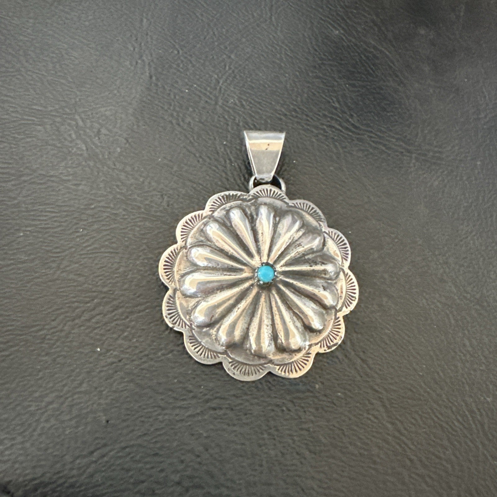 Navajo Native American Turquoise Pendant  Stamped Sterling Silver 1” 19687