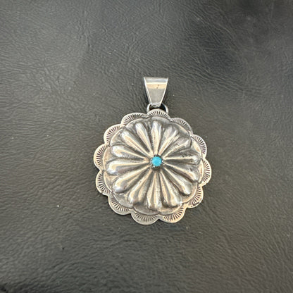 Navajo Native American Turquoise Pendant  Stamped Sterling Silver 1” 19687
