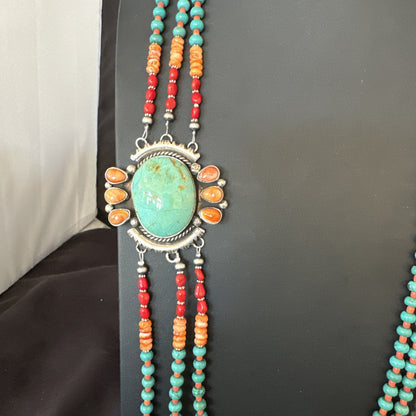 XL Statement Green Turquoise Spiny Navajo 3S Sterling Silver Necklace 34” 19675