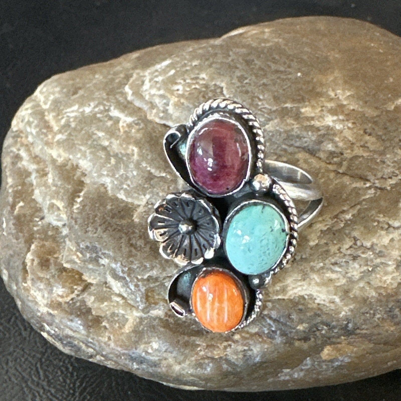 Multicolor Ring Turquoise Spiny Navajo Sterling Silver Cluster Size 7 19178