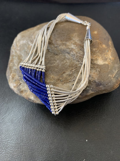 Blue Lapis Liquid Heishi Tubes 10 Strands Sterling Silver Bracelet 7.25" 12635