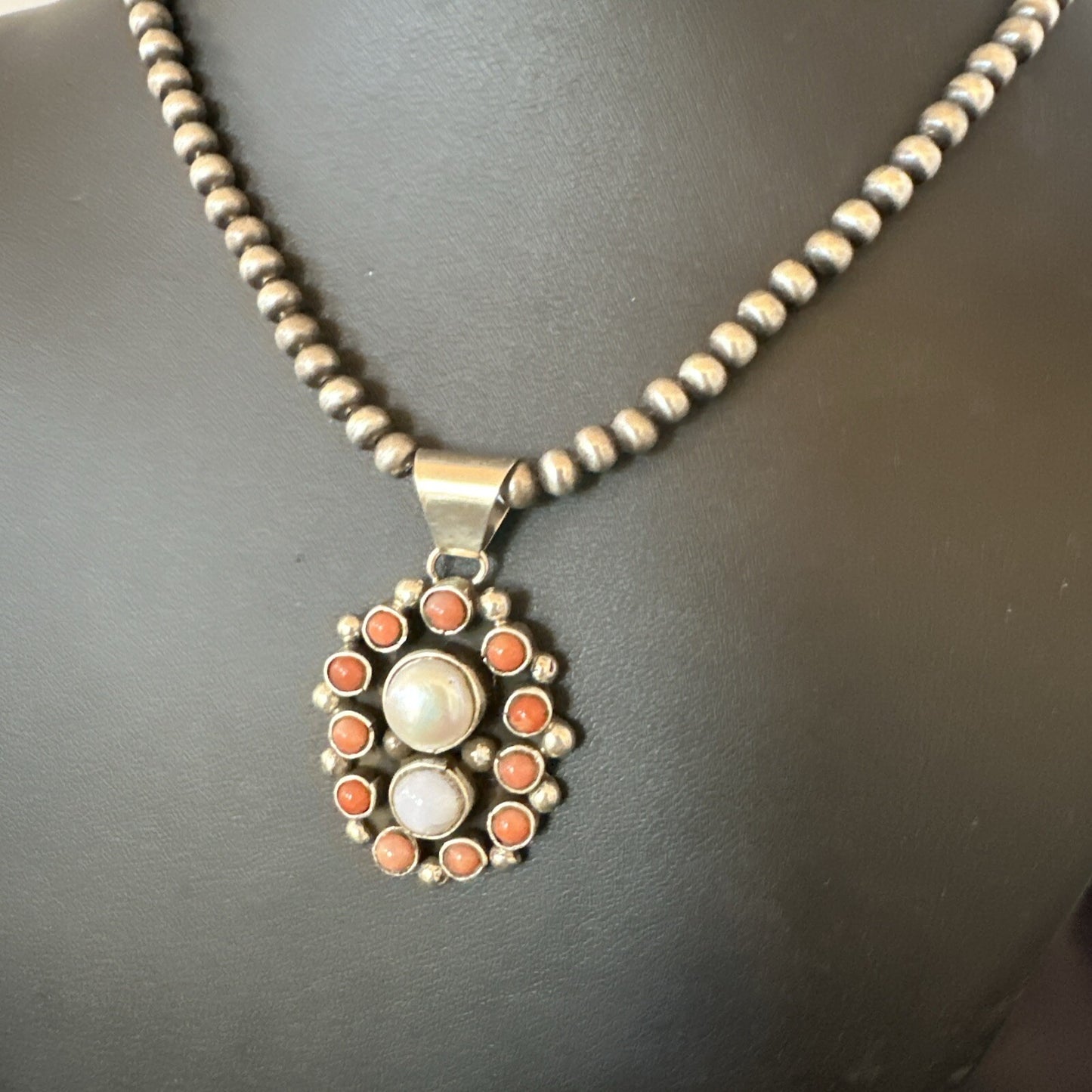 Pink Coral White Pearl Navajo Sterling Silver Cluster Pendant 1.5” 18402