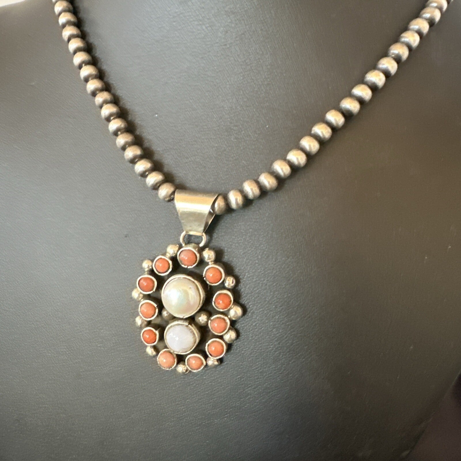 Pink Coral White Pearl Navajo Sterling Silver Cluster Pendant 1.5” 18402