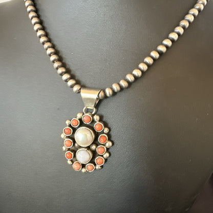 Pink Coral White Pearl Navajo Sterling Silver Cluster Pendant 1.5” 18402