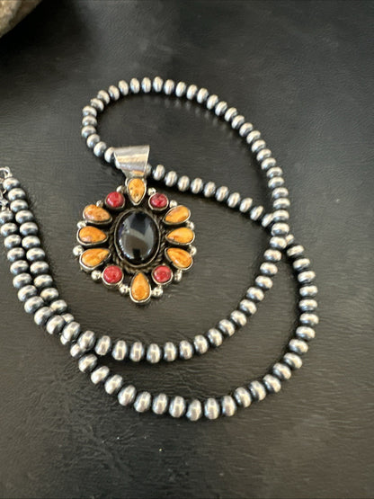 Onyx Coral Orange Spiny Navajo Sterling Silver Cluster Pendant Necklace 19566