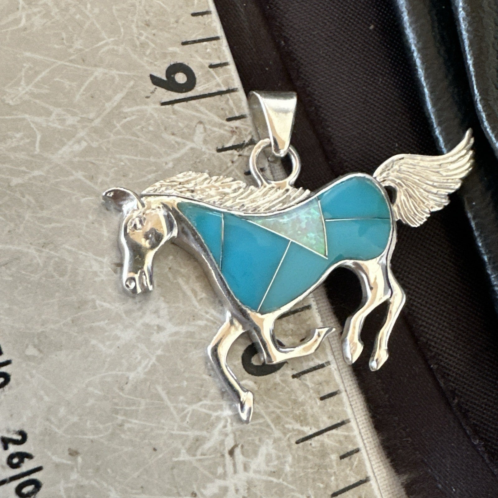 Horse Inlay Southwestern Cowboy Blue Turquoise Sterling Silver Pendant 2” 19160