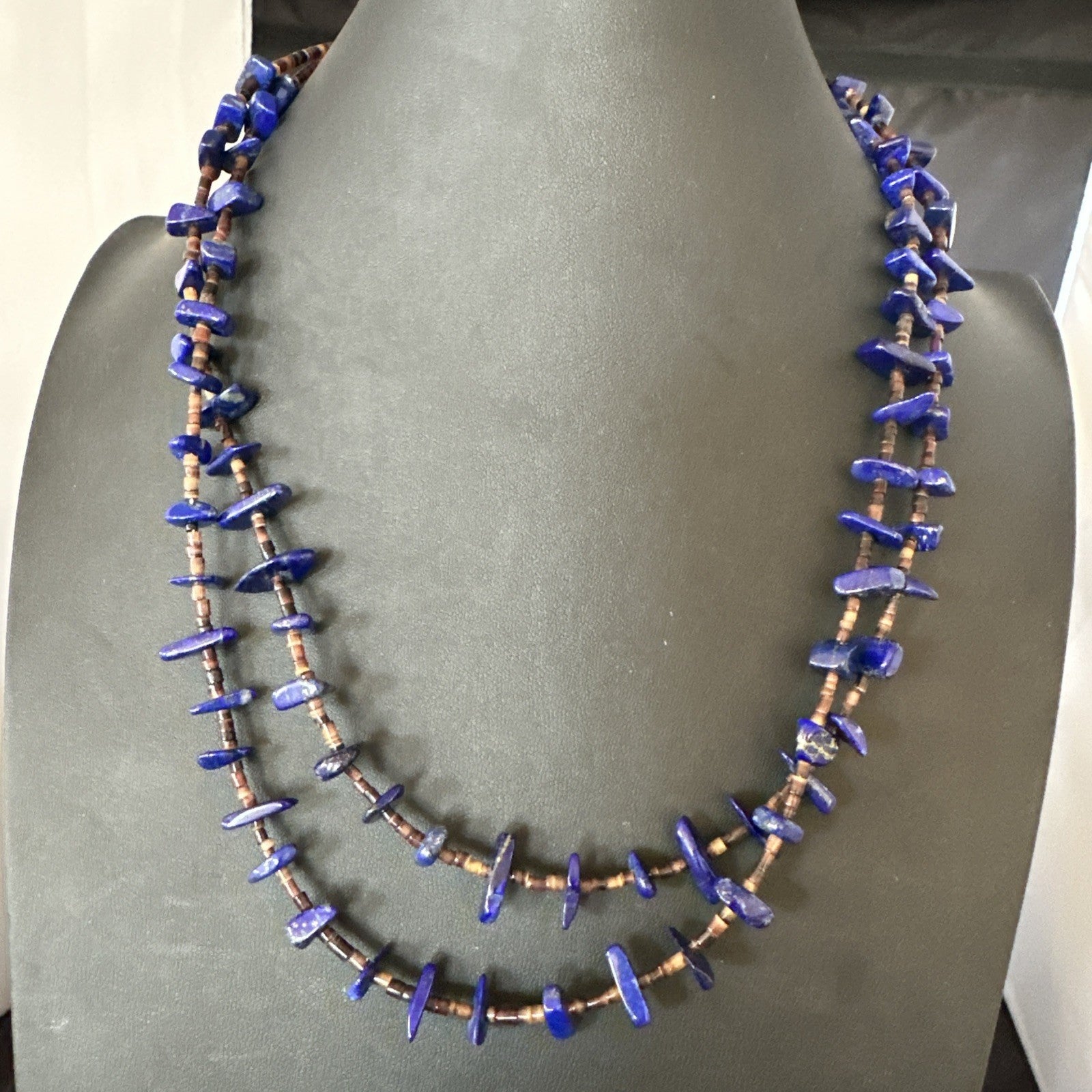 Blue Lapis Lazuli Shell Multi Strand Navajo Sterling Silver Necklace 21" 19722