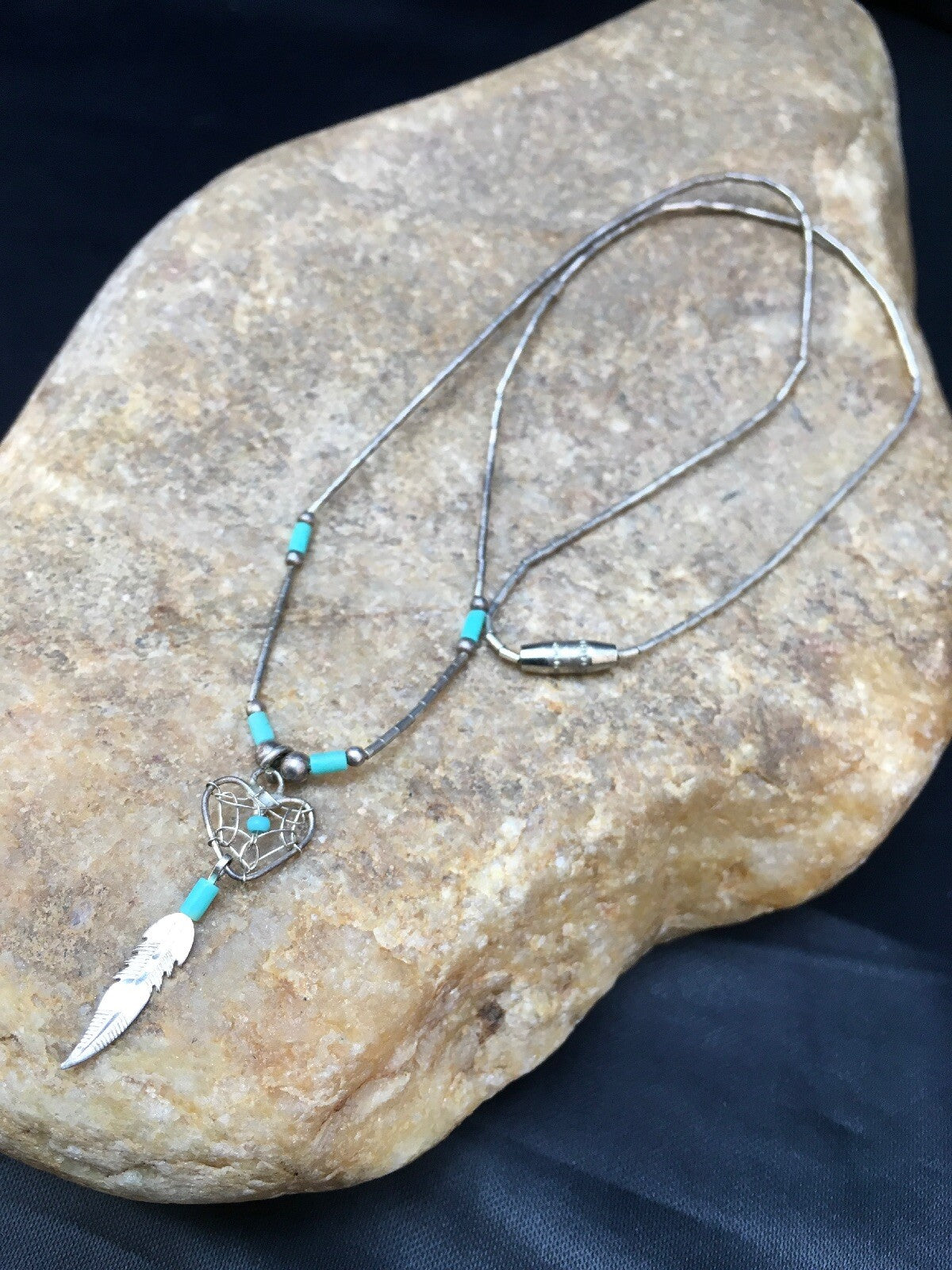 Native Turquoise Feather Pendant Navajo Sterling Silver Necklace 18059
