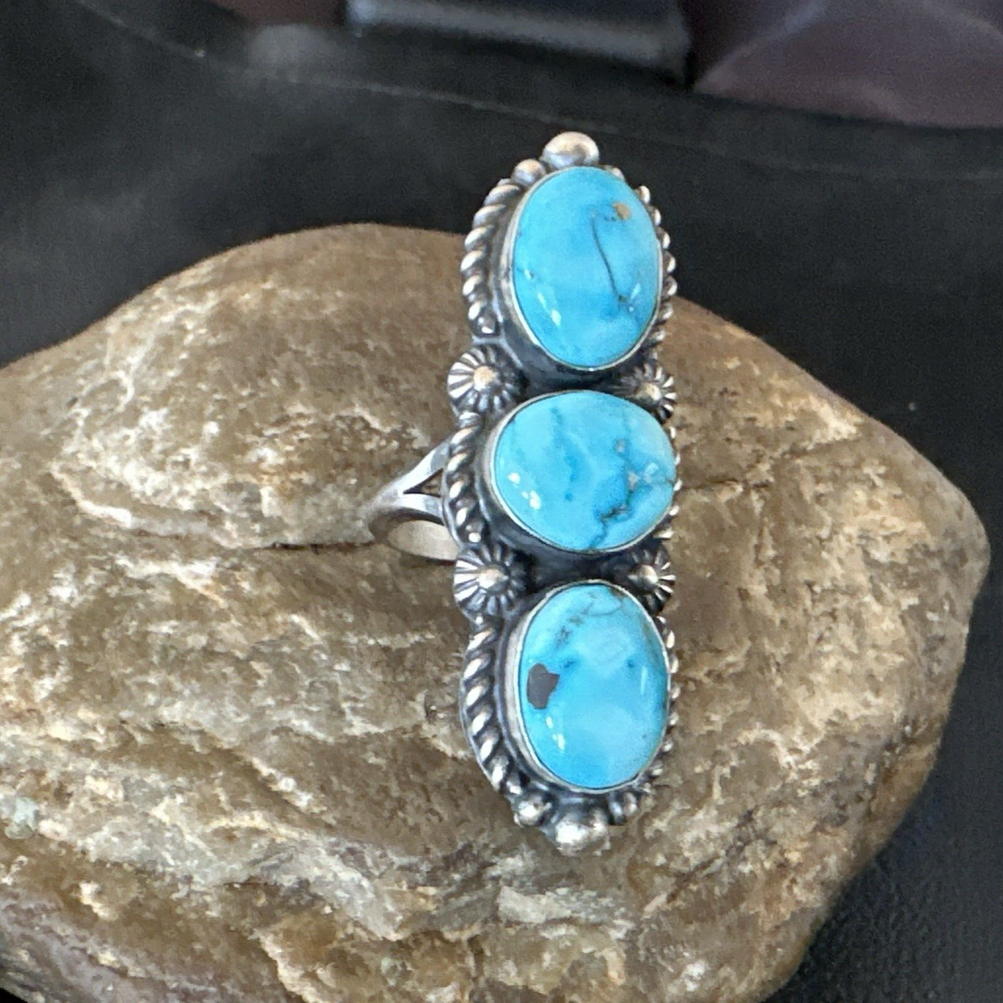 Navajo Sterling Silver Cluster Blue Turquoise 3 Stone Ring Sz 8 18597