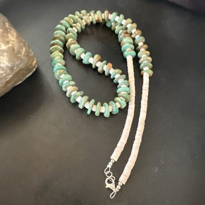 Green Royston Turquoise Shell Santo Domingo Sterling Silver Necklace 27” 19680